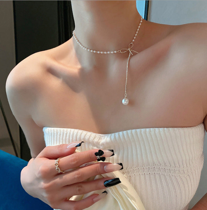 パール リボン Y字ネックレス サージカルステンレス 18K PVD 大人可愛い