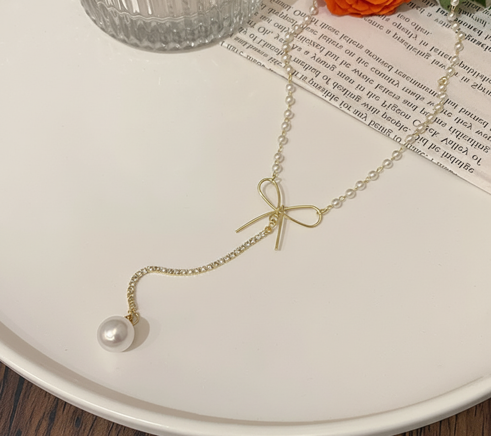 パール リボン Y字ネックレス サージカルステンレス 18K PVD 大人可愛い